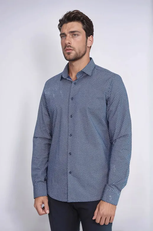 Mini Kare Desenli Slim Fit Mavi Erkek Gömlek - Wessi - L / Lacivert