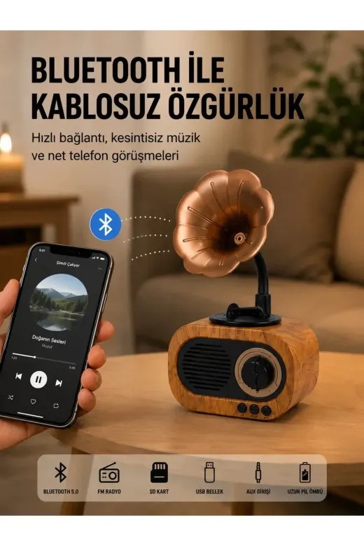 Mini Nostaljik Bluetooth Hoparlör FM Radyo 8 Saat Batarya Yeni Nesil