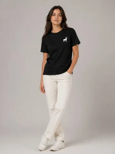 Minimal Geyik Logolu Tişört Bisiklet Yaka Kısa Kol Yazlık T-Shirt - Siyah - S - Siyah