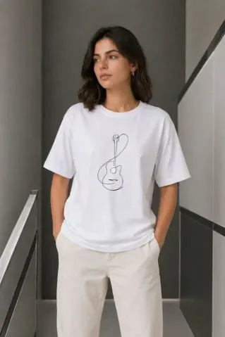 Minimal Gitar Baskılı Tişört T-Shirt Yazlık Kısa Kol Bisiklet Yaka T-Shirt - Beyaz - XS - Beyaz