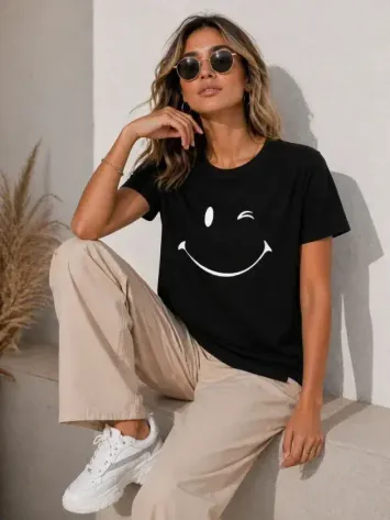 Minimal Gülümseyen Yüz Baskılı Tişört Kısa Kol Yazlık T-Shirt - Siyah - 2XL - Siyah