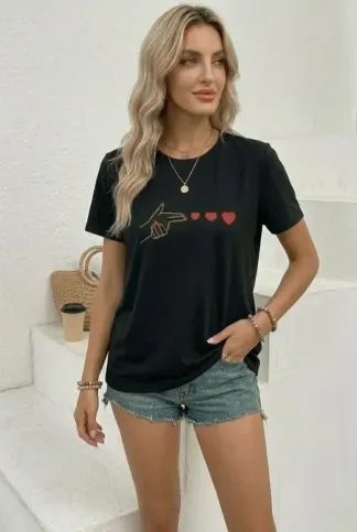 Minimal Kalp İşaret Baskılı Tişört Kısa Kol Yazlık T-Shirt - Siyah - L - Siyah