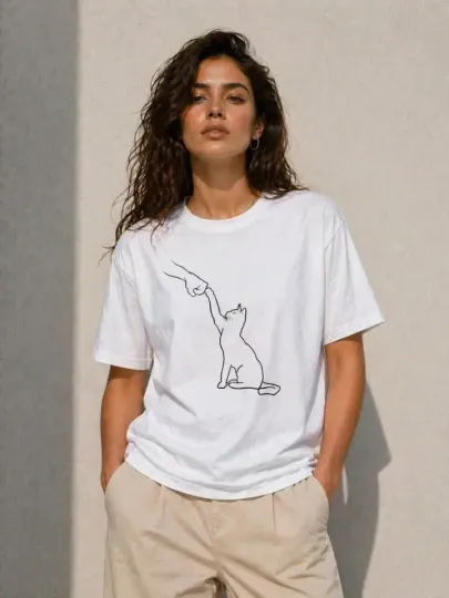 Minimal Kedi Çizim Baskılı Tişört Kısa Kol Yazlık T-Shirt - Beyaz - S - Beyaz