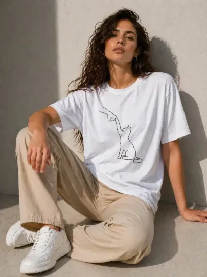 Minimal Kedi Çizim Baskılı Tişört Kısa Kol Yazlık T-Shirt - Beyaz - S - Beyaz
