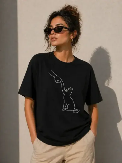 Minimal Kedi Çizim Baskılı Tişört Kısa Kol Yazlık T-Shirt - Siyah - 2XL - Siyah