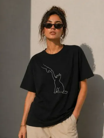 Minimal Kedi Çizim Baskılı Tişört Kısa Kol Yazlık T-Shirt - Siyah - XS - Siyah