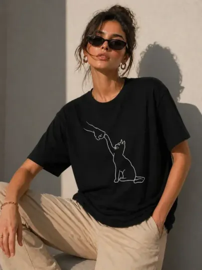 Minimal Kedi Çizim Baskılı Tişört Kısa Kol Yazlık T-Shirt - Siyah - S - Siyah