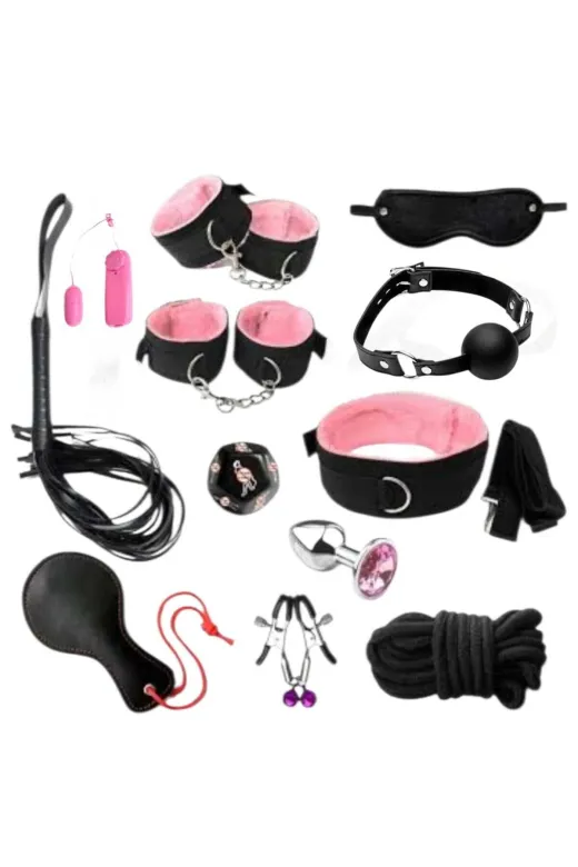 MİRİMORO MM8985 12 Parça Pembe Siyah Fantezi Set Vücut Aksesuar Seti