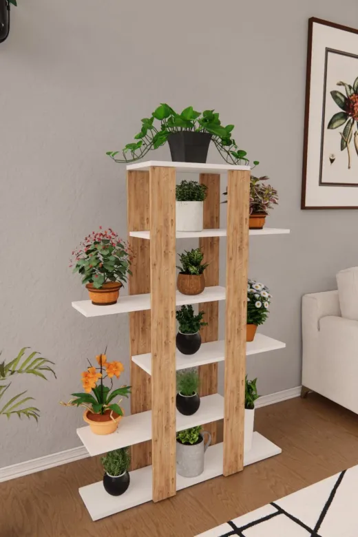 Mirobi Mrb-Flr-6Rf-Ahs-Cck Flora Saksı Standı Saksılık Dekoratif Çiçeklik Rafı Dekoratif Boy Beyaz Raf Ayak Atlantikçam