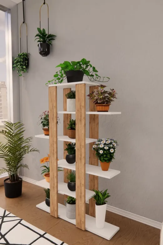 Mirobi Mrb-Flr-6Rf-Ahs-Cck Flora Saksı Standı Saksılık Dekoratif Çiçeklik Rafı Dekoratif Boy Beyaz Raf Ayak Atlantikçam