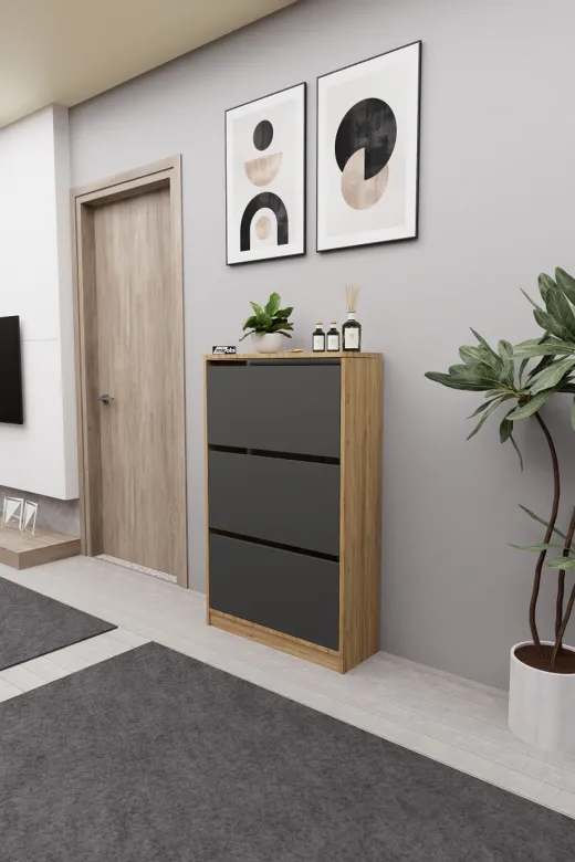 Mirobi MRB-KMB-3BLM-AYKBLK Kembe 3 Bölmeli Açılır Modern Dekoratif Ayakkabılık Çam - Antrasit