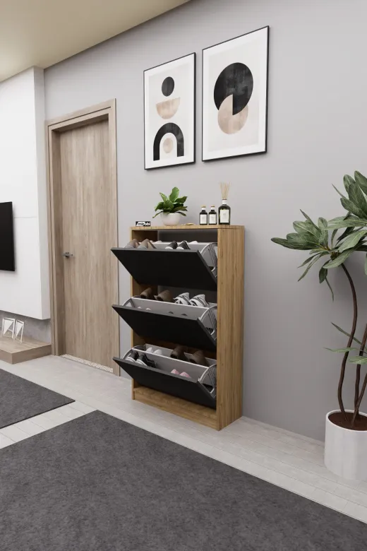 Mirobi MRB-KMB-3BLM-AYKBLK Kembe 3 Bölmeli Açılır Modern Dekoratif Ayakkabılık Çam - Antrasit