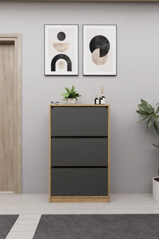 Mirobi MRB-KMB-3BLM-AYKBLK Kembe 3 Bölmeli Açılır Modern Dekoratif Ayakkabılık Çam - Antrasit