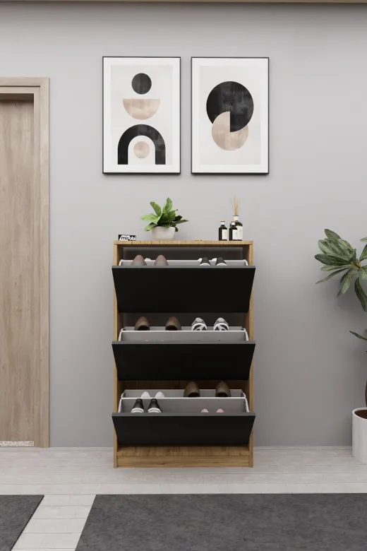 Mirobi MRB-KMB-3BLM-AYKBLK Kembe 3 Bölmeli Açılır Modern Dekoratif Ayakkabılık Çam - Antrasit