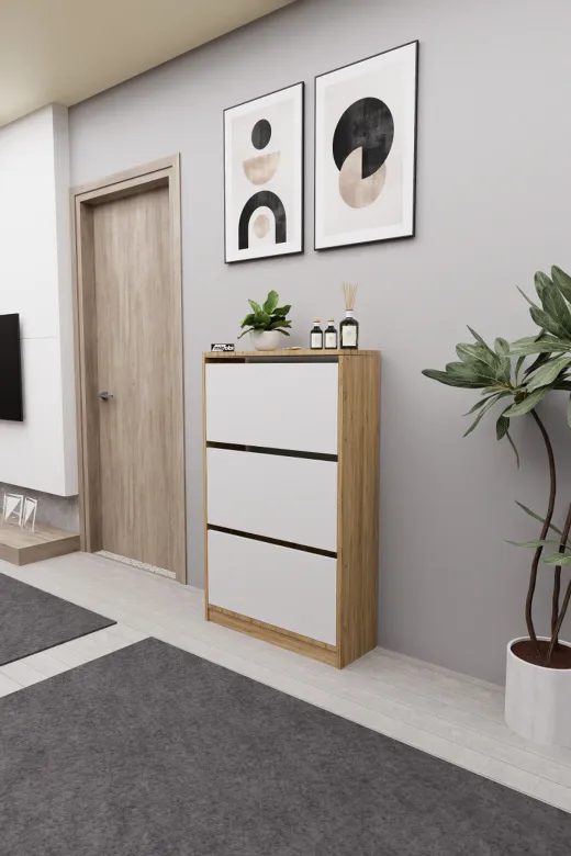 Mirobi MRB-KMB-3BLM-AYKBLK Kembe 3 Bölmeli Açılır Modern Dekoratif Ayakkabılık Çam - Beyaz