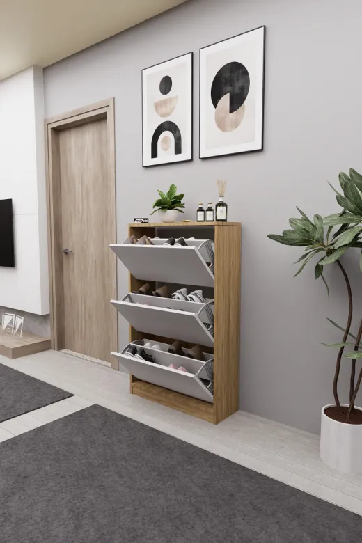 Mirobi MRB-KMB-3BLM-AYKBLK Kembe 3 Bölmeli Açılır Modern Dekoratif Ayakkabılık Çam - Beyaz