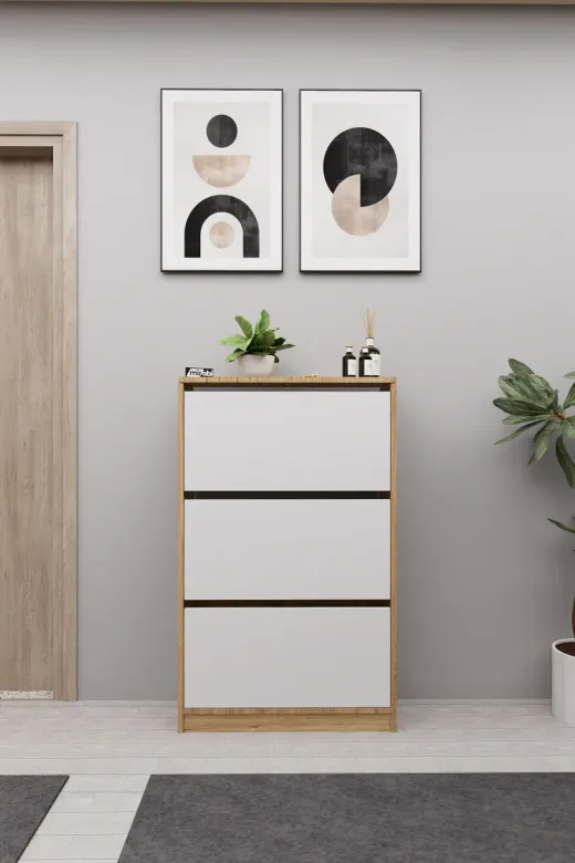 Mirobi MRB-KMB-3BLM-AYKBLK Kembe 3 Bölmeli Açılır Modern Dekoratif Ayakkabılık Çam - Beyaz
