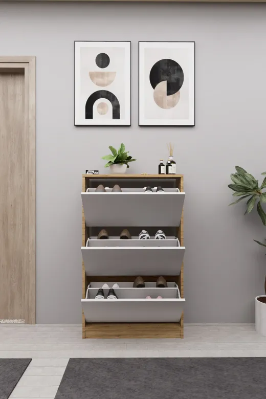 Mirobi MRB-KMB-3BLM-AYKBLK Kembe 3 Bölmeli Açılır Modern Dekoratif Ayakkabılık Çam - Beyaz