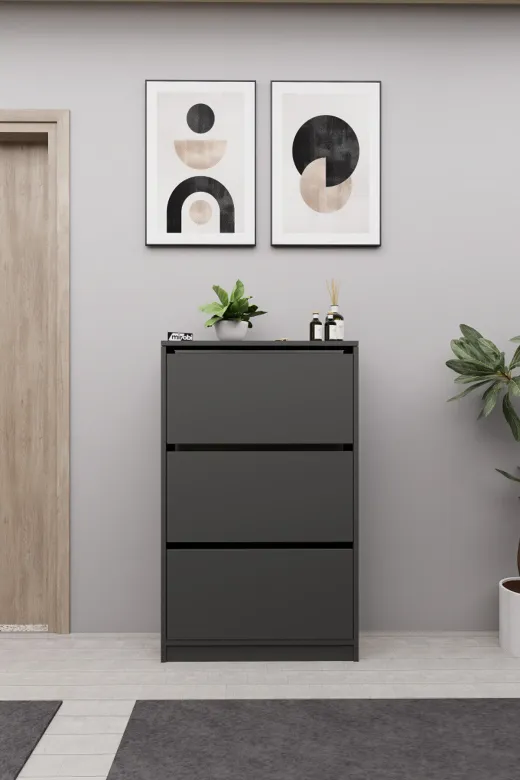 Mirobi MRB-KMB-3BLM-AYKBLK Kembe 3 Bölmeli Açılır Modern Dekoratif Ayakkabılık Antrasit