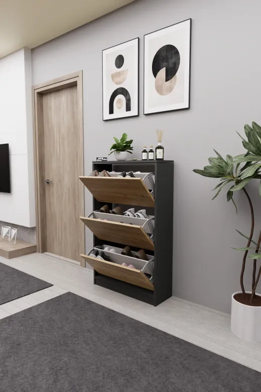 Mirobi MRB-KMB-3BLM-AYKBLK Kembe 3 Bölmeli Açılır Modern Dekoratif Ayakkabılık Antrasit - Atlantik Çam