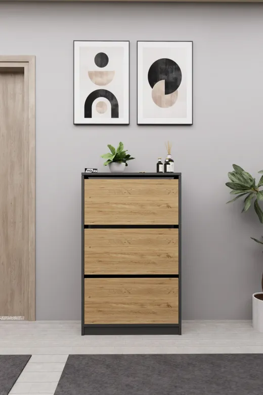 Mirobi MRB-KMB-3BLM-AYKBLK Kembe 3 Bölmeli Açılır Modern Dekoratif Ayakkabılık Antrasit - Atlantik Çam