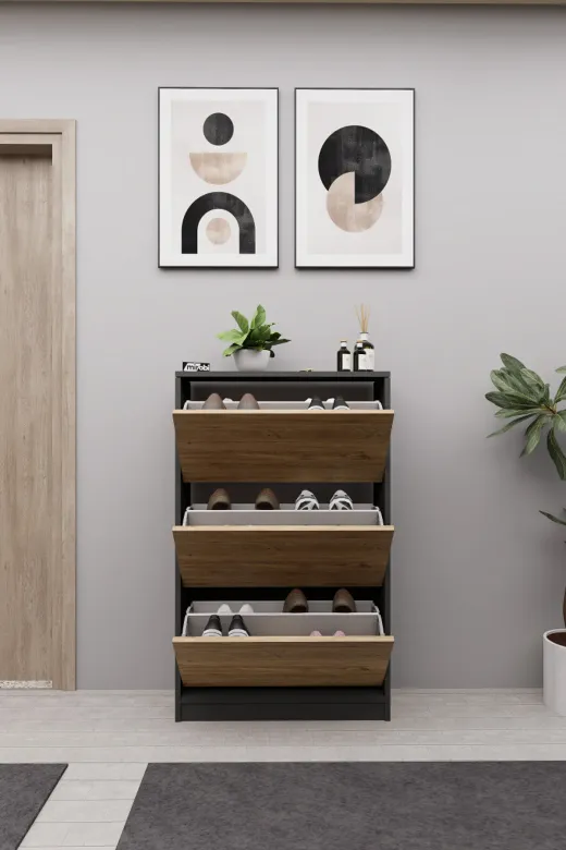 Mirobi MRB-KMB-3BLM-AYKBLK Kembe 3 Bölmeli Açılır Modern Dekoratif Ayakkabılık Antrasit - Atlantik Çam