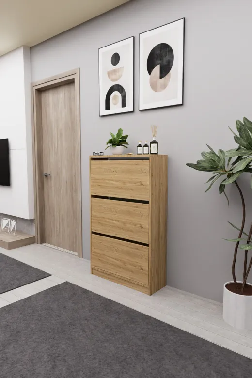 Mirobi MRB-KMB-3BLM-AYKBLK Kembe 3 Bölmeli Açılır Modern Dekoratif Ayakkabılık Çam