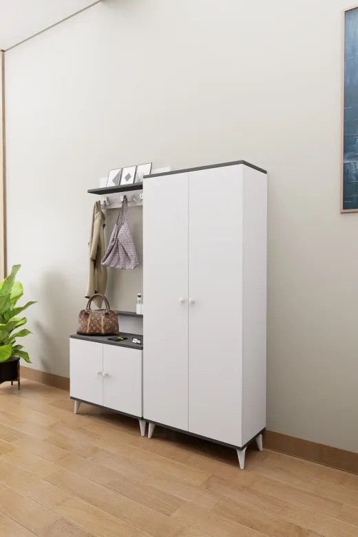 Mirobi Mrb-Lft-Vest-Tk-ByzAnt Loft Vestiyer Takımı Askılıklı 2 Kapaklı Ayakkabılık Dolabı Beyaz Antrasit