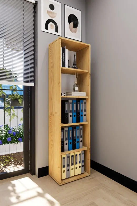 Mirobi MRB-SRDS-5RF-OFS-DLB Sardes 5 Raflı Kitaplık Ofis Dolabı Klasörlük Çok Amaçlı Dolap Mutfak Dolabı Çam
