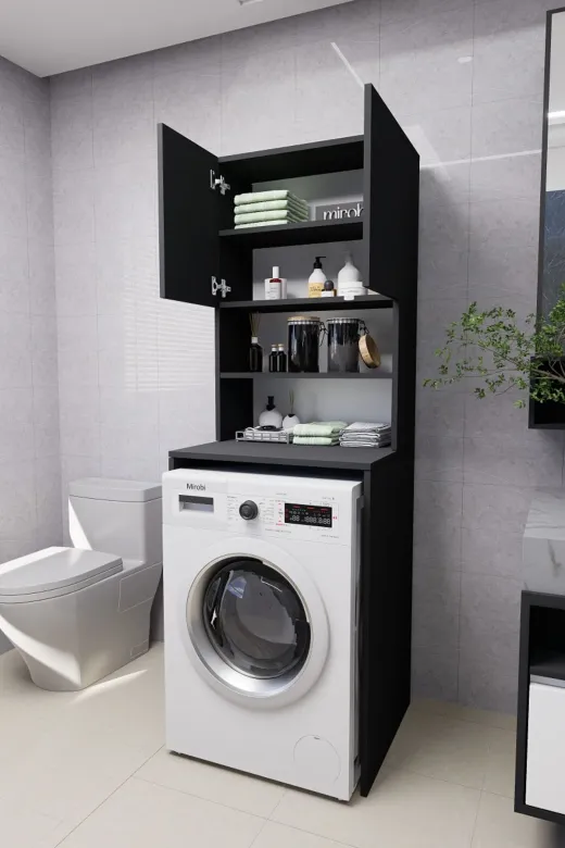 Mirobi MRB-VRN-ÇMŞ-MKN-DLP Verani Çamaşır Makinesi Dolabı Banyo Kiler Çift Kapaklı Arkalıklı Dolap Antrasit 180X65X30