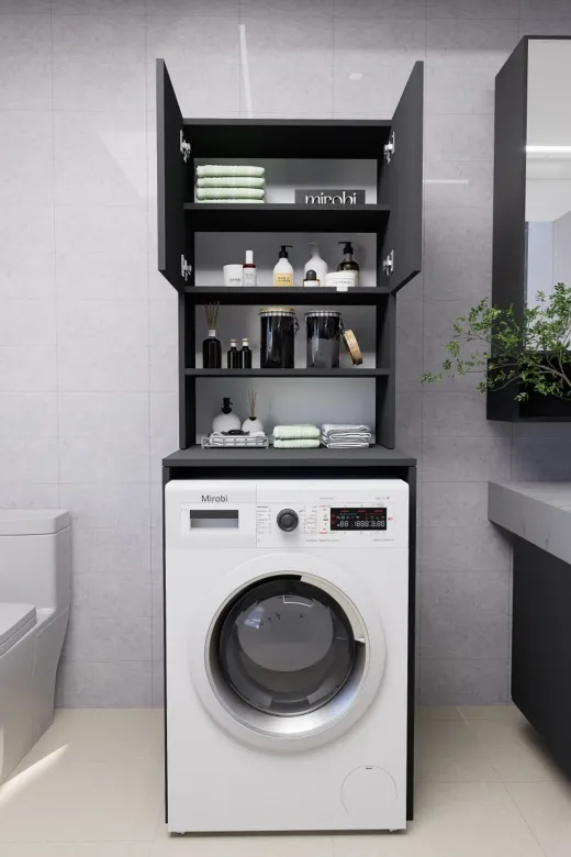 Mirobi MRB-VRN-ÇMŞ-MKN-DLP Verani Çamaşır Makinesi Dolabı Banyo Kiler Çift Kapaklı Arkalıklı Dolap Antrasit 180X65X30