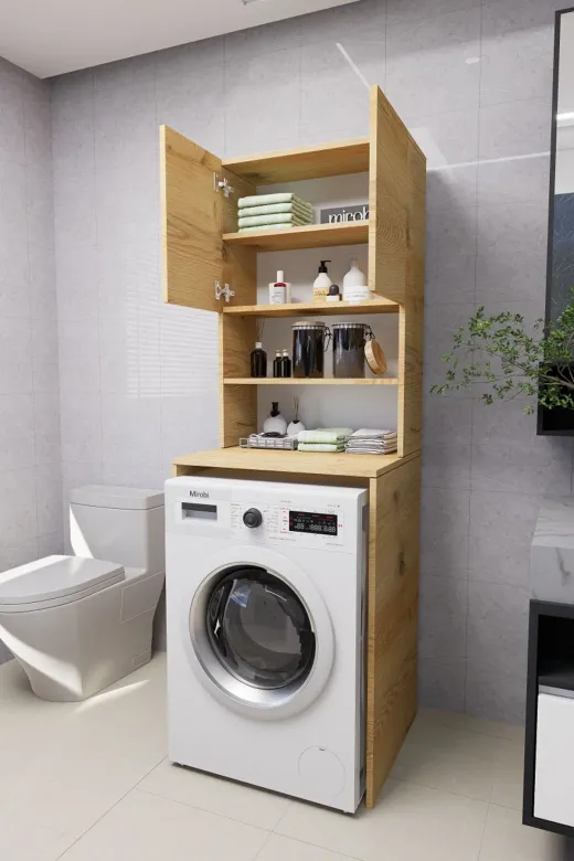 Mirobi MRB-VRN-ÇMŞ-MKN-DLP Verani Çamaşır Makinesi Dolabı Banyo Kiler Çift Kapaklı Arkalıklı Dolap Çam 180X65X30