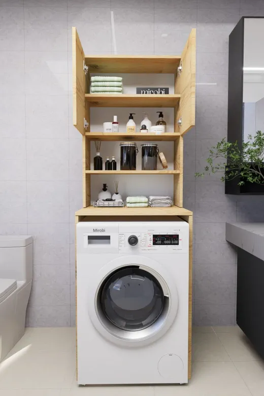 Mirobi MRB-VRN-ÇMŞ-MKN-DLP Verani Çamaşır Makinesi Dolabı Banyo Kiler Çift Kapaklı Arkalıklı Dolap Çam 180X65X30