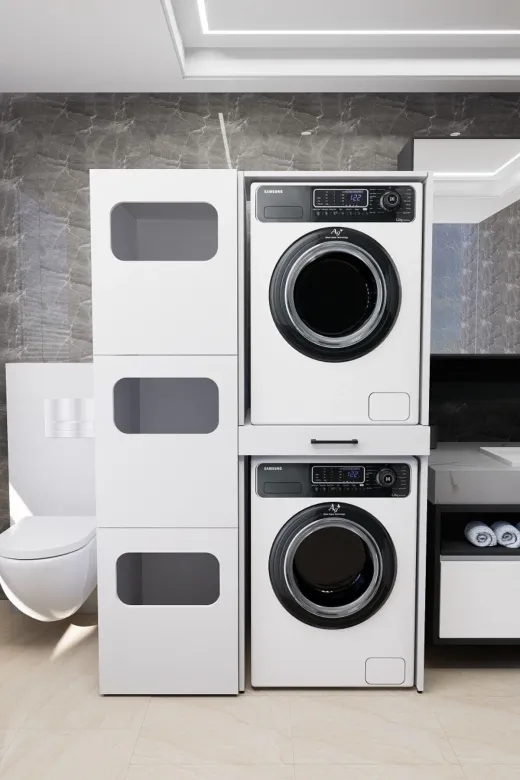 Mirobi MRB-WBOX-KRL-SPT-CMŞMK-DLB Washbox Banyo Kirli Sepetli Çamaşır Makinası Dolabı Ve Kurutma Makinası Dolabı Beyaz