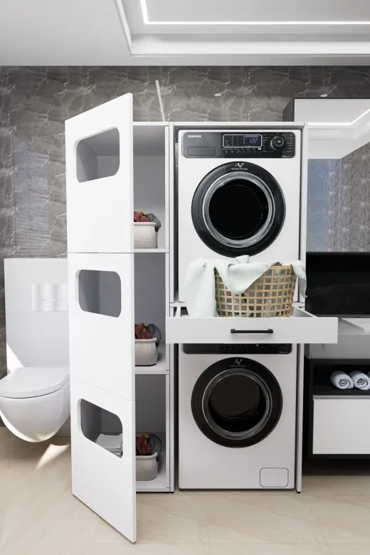 Mirobi MRB-WBOX-KRL-SPT-CMŞMK-DLB Washbox Banyo Kirli Sepetli Çamaşır Makinası Dolabı Ve Kurutma Makinası Dolabı Beyaz