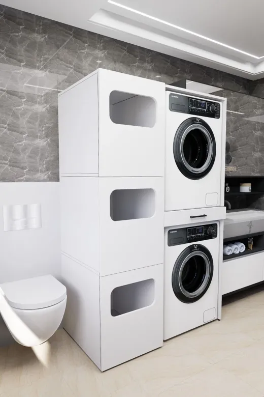 Mirobi MRB-WBOX-KRL-SPT-CMŞMK-DLB Washbox Banyo Kirli Sepetli Çamaşır Makinası Dolabı Ve Kurutma Makinası Dolabı Beyaz
