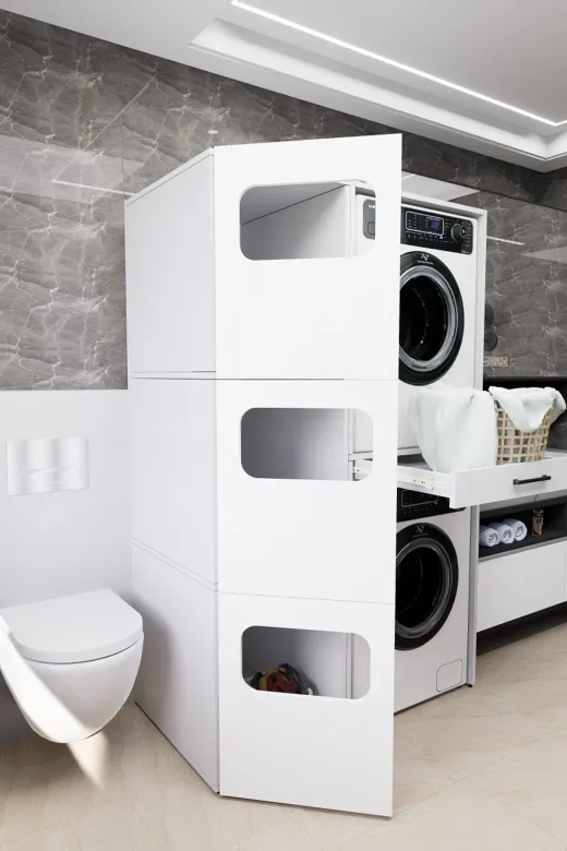 Mirobi MRB-WBOX-KRL-SPT-CMŞMK-DLB Washbox Banyo Kirli Sepetli Çamaşır Makinası Dolabı Ve Kurutma Makinası Dolabı Beyaz