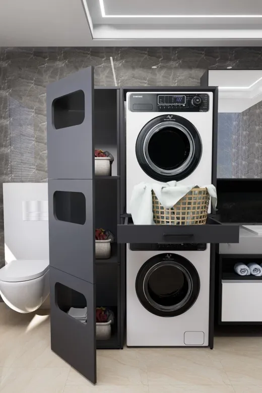 Mirobi MRB-WBOX-KRL-SPT-CMŞMK-DLB Washbox Banyo Kirli Sepetli Çamaşır Makinası Dolabı Ve Kurutma Makinası Dolabı Antrasit