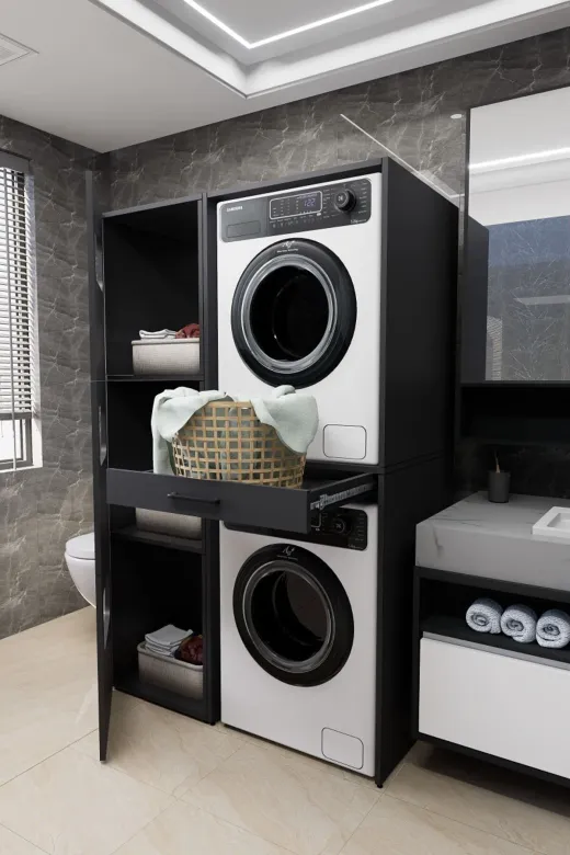 Mirobi MRB-WBOX-KRL-SPT-CMŞMK-DLB Washbox Banyo Kirli Sepetli Çamaşır Makinası Dolabı Ve Kurutma Makinası Dolabı Antrasit