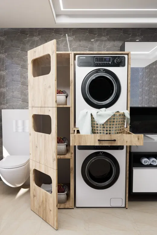 Mirobi MRB-WBOX-KRL-SPT-CMŞMK-DLB Washbox Banyo Kirli Sepetli Çamaşır Makinası Dolabı Ve Kurutma Makinası Dolabı Çam