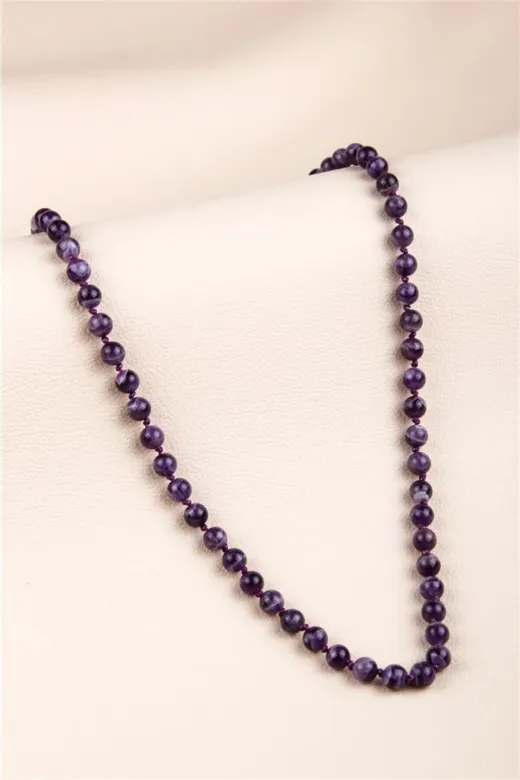 MMZ STORE PRA-8807966-3210 Ametist Doğal Taş Düğümlü Kolye 6 Mm Küre Kesim