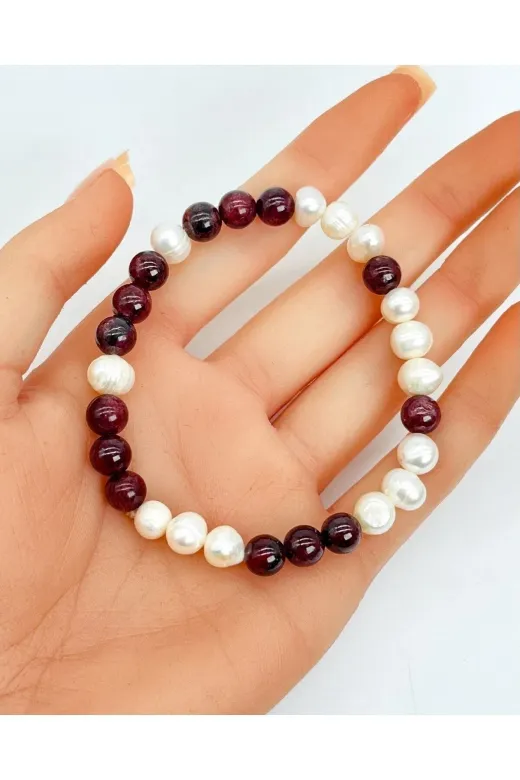 MMZ STORE PRA-8876107-342651 İnci - Lal Garnet Doğal Taş Bileklik 8 Mm