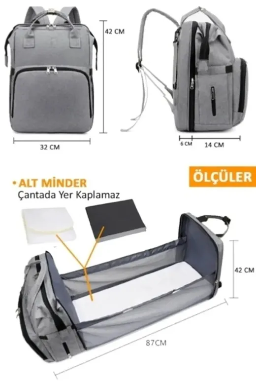 Moda West AçılırBebekModawest Açılabilir Yataklı Puset Askılı Termal Biberonluk Bölmeli Su Geçirmez Bebek Bakım Çantası Baby Bag