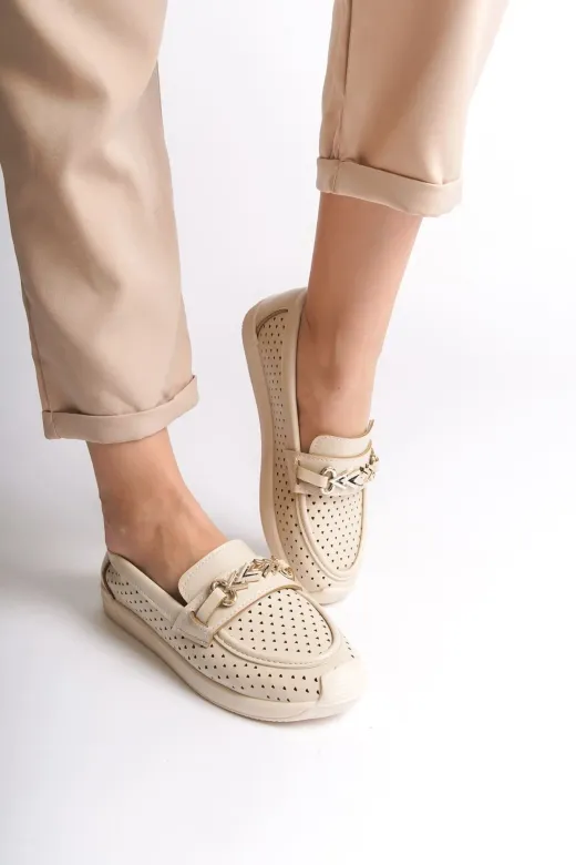 MODE STEP MSTPJY98445643711 Lily Bağcıksız Ortopedik Rahat Taban Kalp Desenli Kadın Babet Ayakkabı Kt - Krem