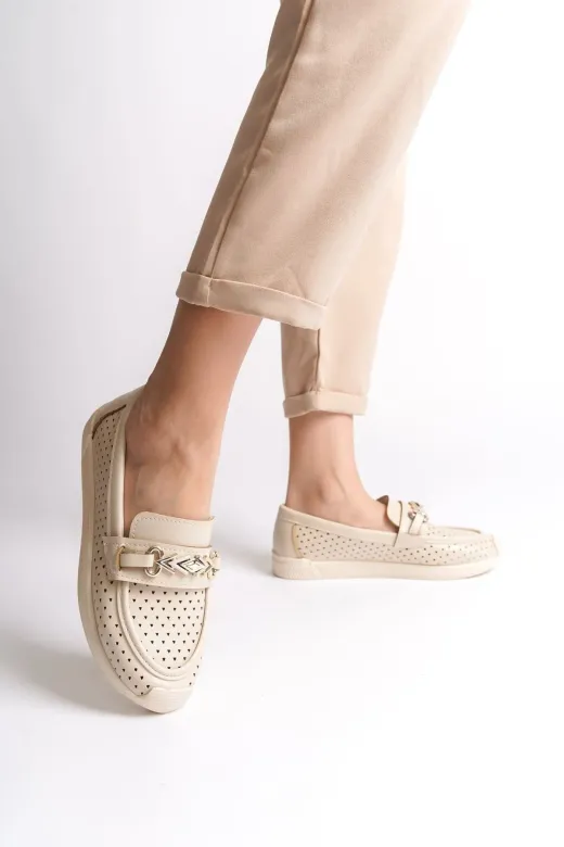 MODE STEP MSTPJY98445643711 Lily Bağcıksız Ortopedik Rahat Taban Kalp Desenli Kadın Babet Ayakkabı Kt - Krem
