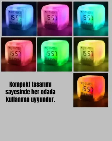 Modern 7 Renk Değiştiren Küp Alarm Saati Ve Termometre
