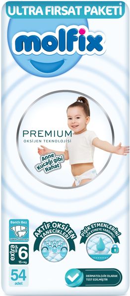 Molfix Premium Bebek Bezi 6 Beden 15+ KG Extra Large 54 Adet Ultra Fırsat Pk