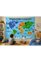 Montessori Çocuk Odası Eğitici Dünya Haritası Duvar Örtüsü Kaliteli Kumaş