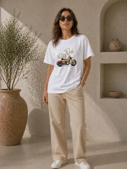 Motosiklet Baskılı Tişört Bisiklet Yaka Kısa Kol Yazlık T-Shirt - Beyaz - M - Beyaz