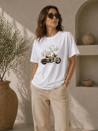 Motosiklet Baskılı Tişört Bisiklet Yaka Kısa Kol Yazlık T-Shirt - Beyaz - M - Beyaz